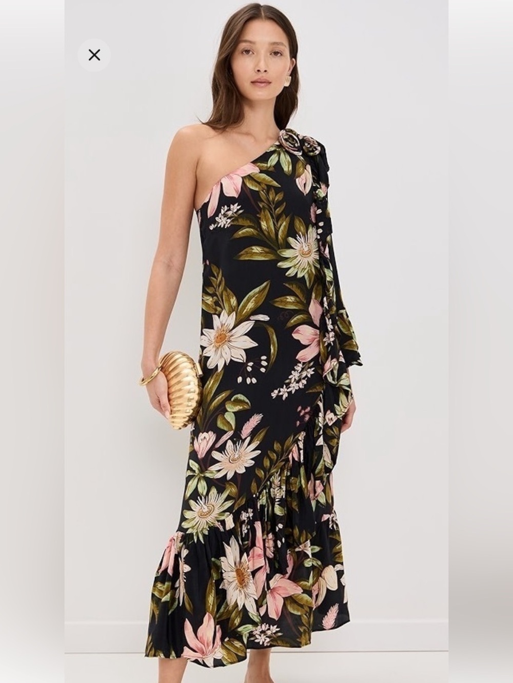 FARM Rio One-Shoulder Black Dress with Pink and Green Florals